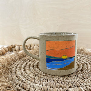 Round Lake, Sk Mug with Orange Sunset and Dark Sand